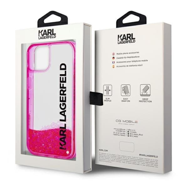 Karl Lagerfeld Liquid Glitter -läpikuultava pitkänomainen logollinen suojakuori - iPhone 14 Plus -kotelo (vaaleanpunainen)