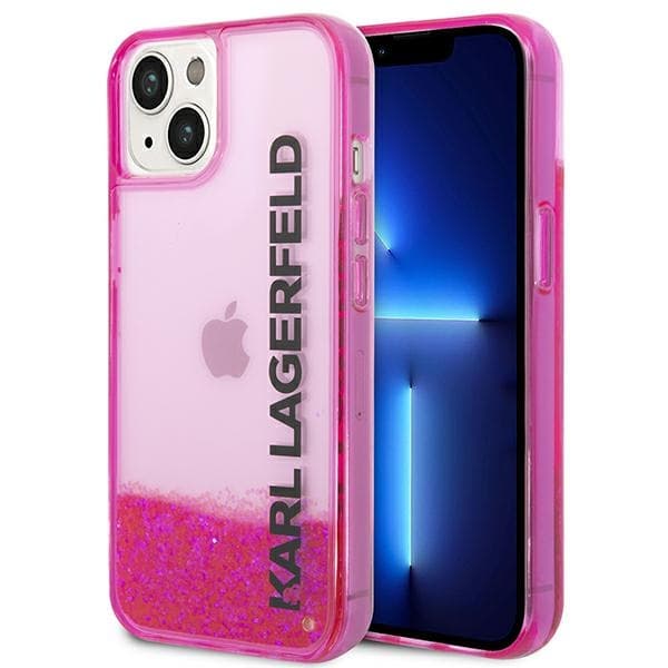 Karl Lagerfeld Liquid Glitter -läpikuultava pitkänomainen logollinen suojakuori - iPhone 14 Plus -kotelo (vaaleanpunainen)