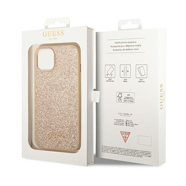 Guess Glitter Flakes Metal Logo Cover - iPhone 14 Plus Cover (Guld)