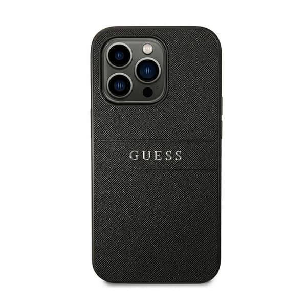 Guess Saffiano Metal Logo Striber - iPhone 14 Pro cover (sort)