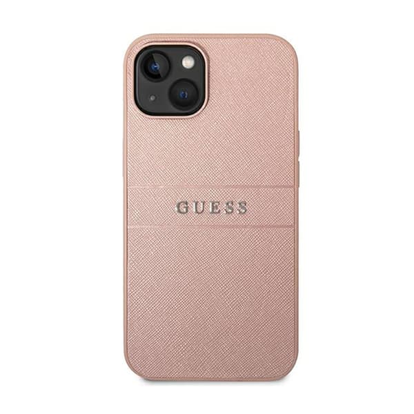 Guess Saffiano Metal Logo Striber - iPhone 14 Plus cover (lyserød)