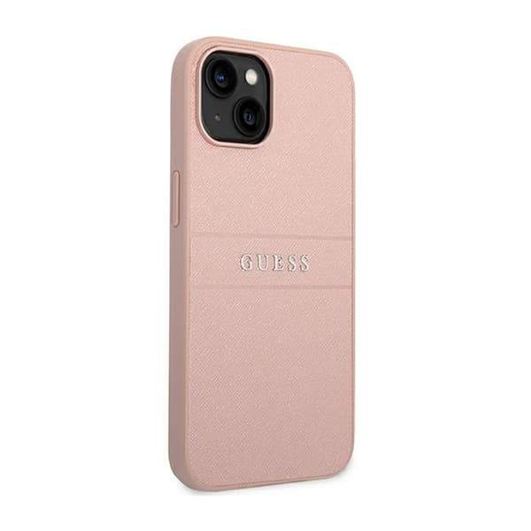 Guess Saffiano Metal Logo Striber - iPhone 14 Plus cover (lyserød)