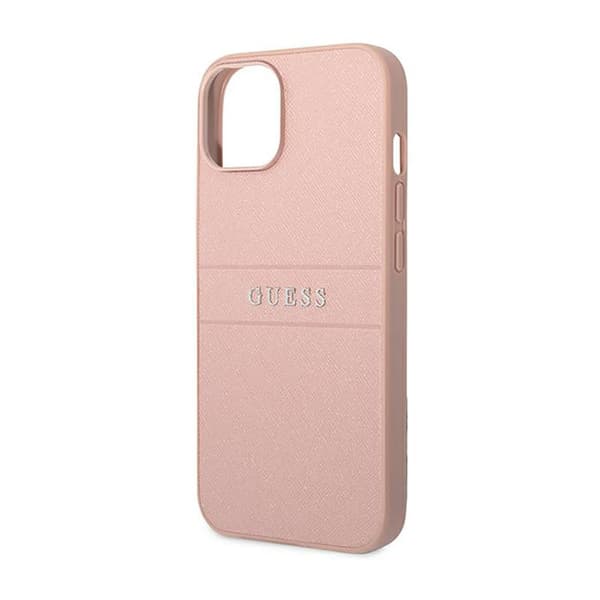 Guess Saffiano Metal Logo Striber - iPhone 14 Plus cover (lyserød)
