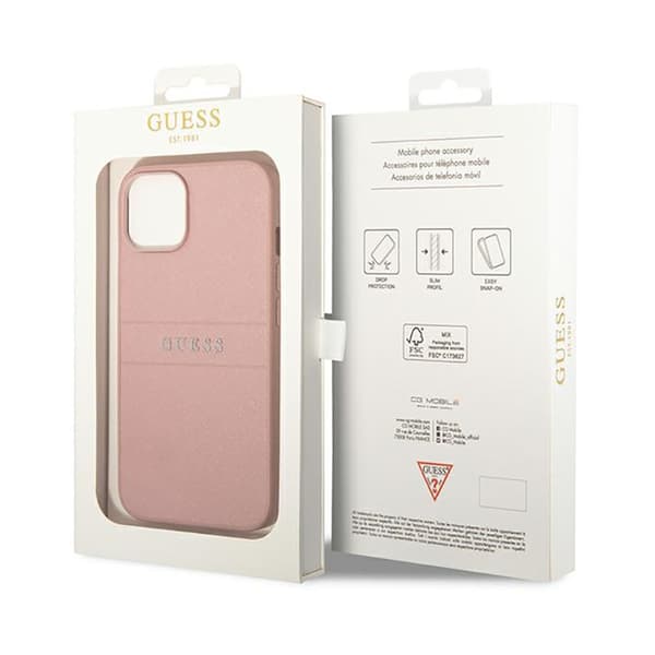 Guess Saffiano Metal Logo Striber - iPhone 14 Plus cover (lyserød)