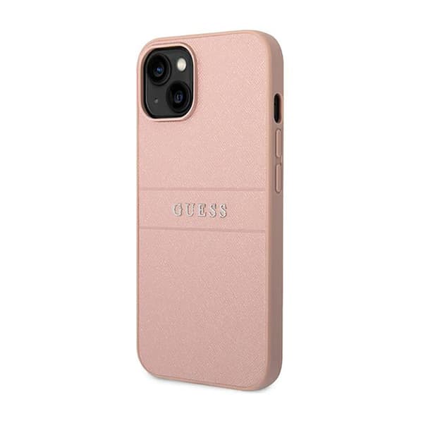 Guess Saffiano Metal Logo Striber - iPhone 14 Plus cover (lyserød)