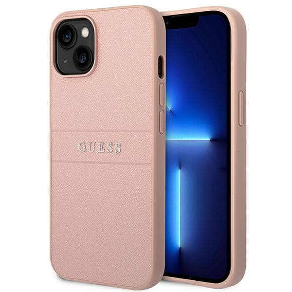 Guess Saffiano Metal Logo Striber - iPhone 14 Plus cover (lyserød)