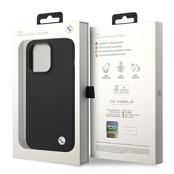 BMW nestemäinen silikonikuori metallilogolla - iPhone 14 Pro Max -kotelo (musta)