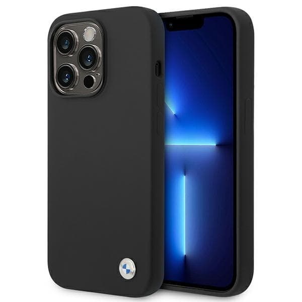 BMW nestemäinen silikonikuori metallilogolla - iPhone 14 Pro Max -kotelo (musta)