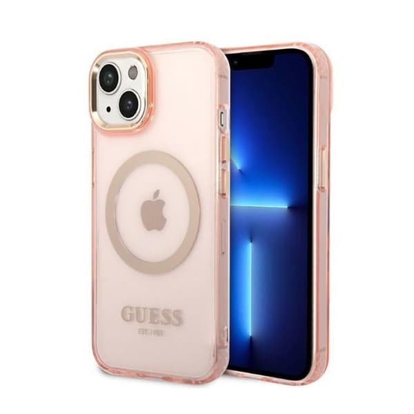 Guess Gold Outline Translucent MagSafe - iPhone 14 Plus cover (lyserød)