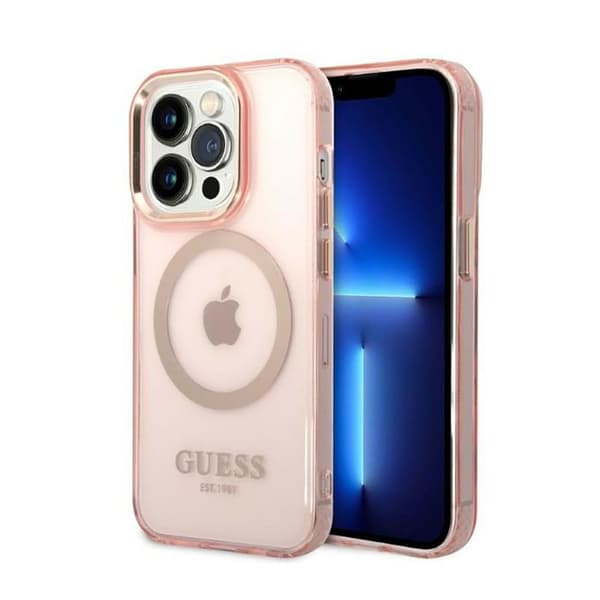 Guess Gold Outline Translucent MagSafe - iPhone 14 Pro cover (lyserød)