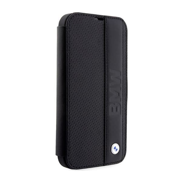 BMW Booktype nahkainen teksturoitu ja raidallinen iPhone 14 Pro Max -kotelo (musta)