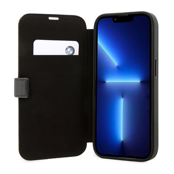 BMW Booktype nahkainen teksturoitu ja raidallinen iPhone 14 Pro Max -kotelo (musta)