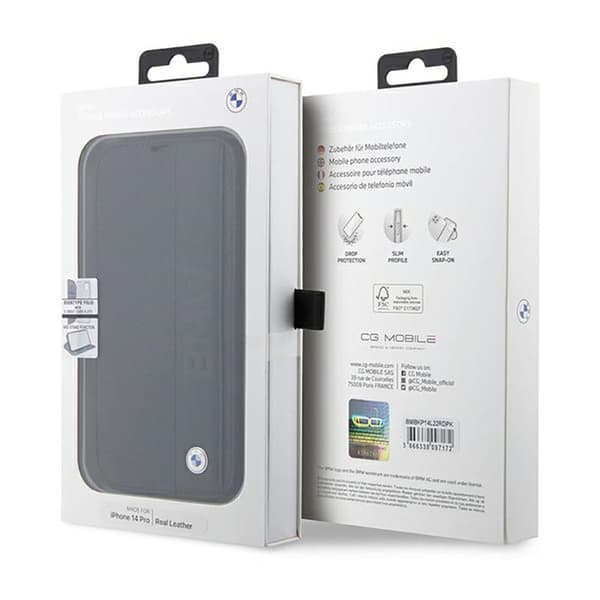BMW Booktype nahkainen teksturoitu ja raidallinen iPhone 14 Pro Max -kotelo (musta)