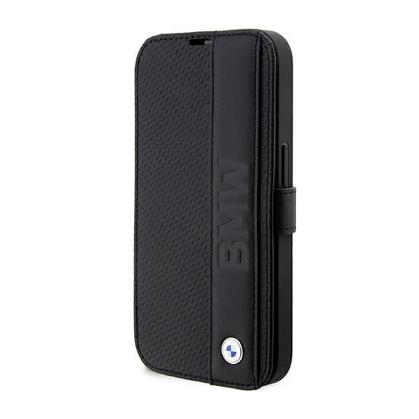 BMW Booktype nahkainen teksturoitu ja raidallinen iPhone 14 Pro Max -kotelo (musta)
