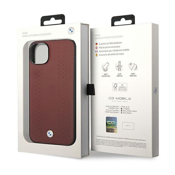 BMW Læder Diamantmønster - iPhone 14 Etui (Bordeauxrød)