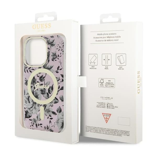Guess Flower MagSafe - iPhone 14 Pro Max -suojakuori (vaaleanpunainen)