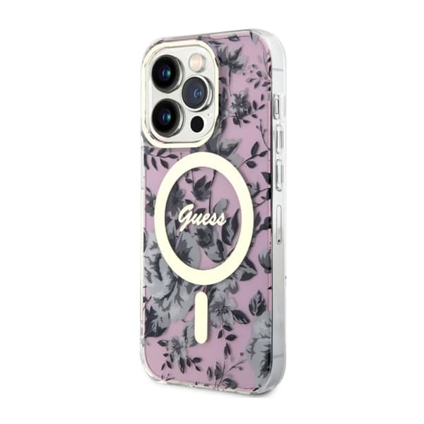 Guess Flower MagSafe - iPhone 14 Pro Max -suojakuori (vaaleanpunainen)