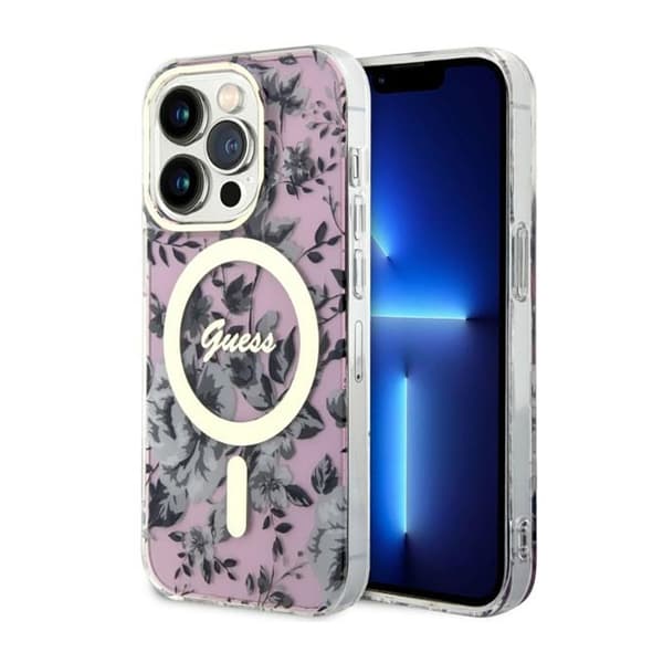 Guess Flower MagSafe - iPhone 14 Pro Max -suojakuori (vaaleanpunainen)