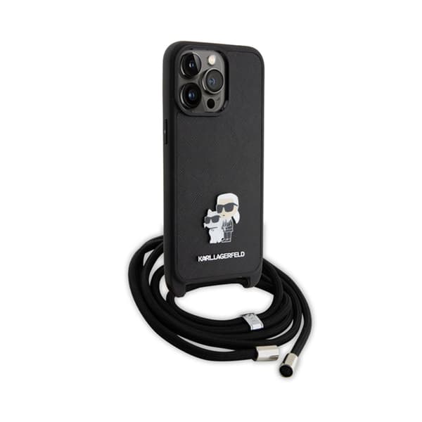 Karl Lagerfeld Saffiano Metal Pin Karl & Choupette - iPhone 15 Pro Max -kotelo (musta)