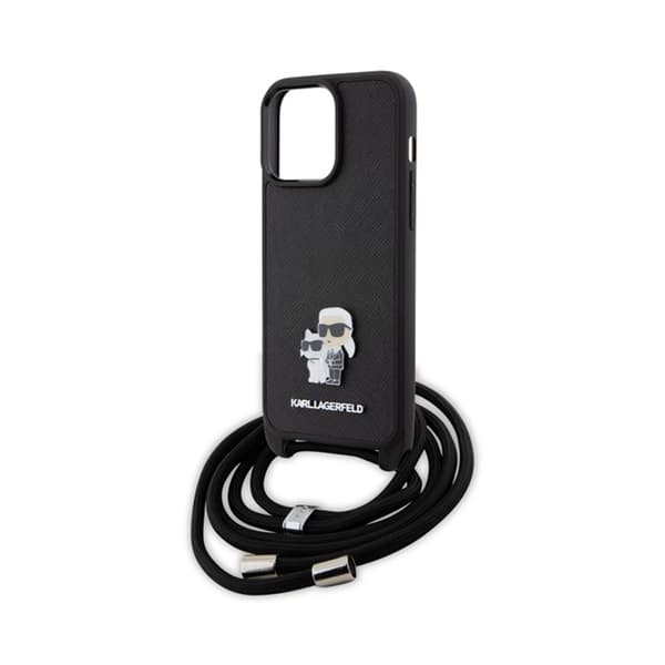 Karl Lagerfeld Saffiano Metal Pin Karl & Choupette - iPhone 15 Pro Max -kotelo (musta)