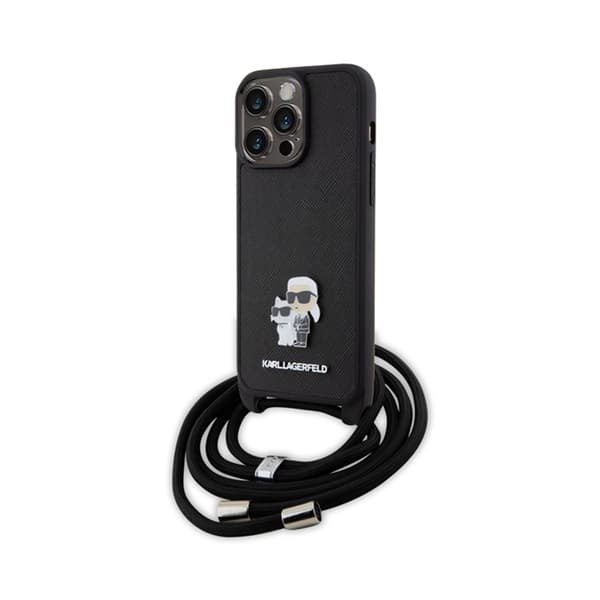Karl Lagerfeld Saffiano Metal Pin Karl & Choupette - iPhone 15 Pro Max -kotelo (musta)
