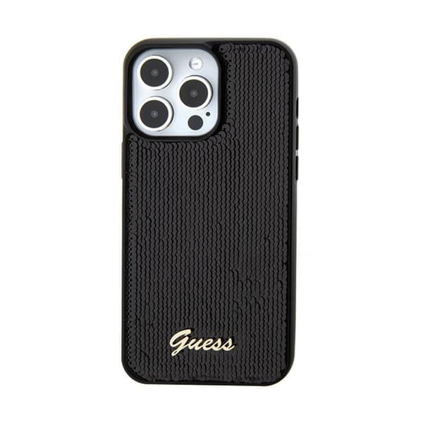 Guess Sequin Script Metal - iPhone 15 -suojakuori (musta)