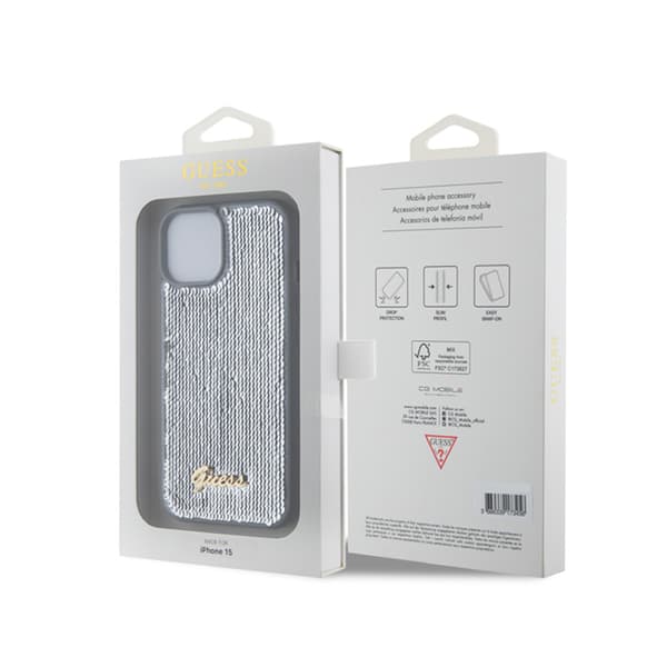 Guess Sequin Script Metal - iPhone 15 cover (sølv)