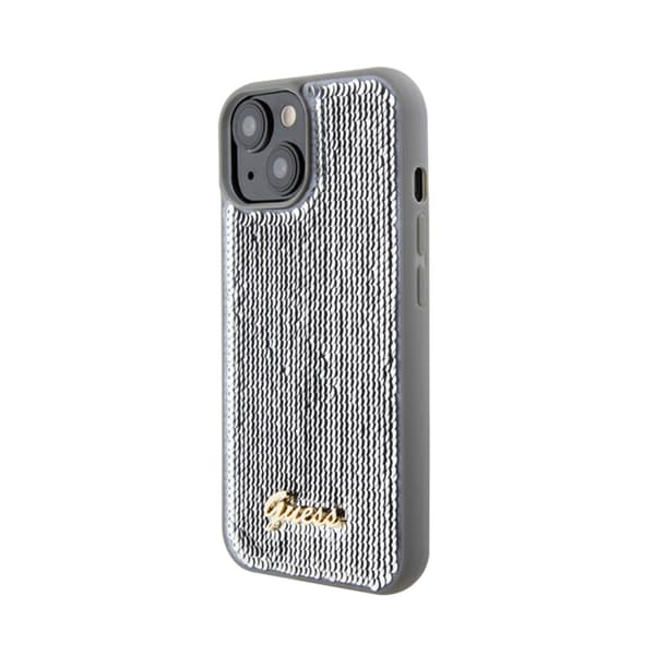 Guess Sequin Script Metal - iPhone 15 cover (sølv)
