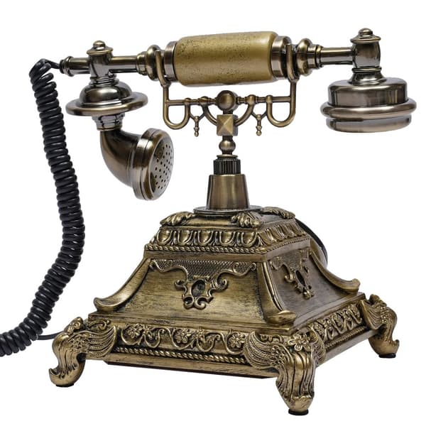 Vintage roterende telefon, harpiks og zinklegering, ledningsforbundet, bronzefarvet,Antik
