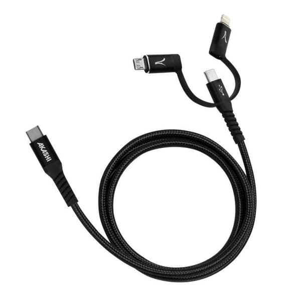 USB-C-kabel 3 i 1 Intensitet 3A Laddning och synkrolängd 1m Akashi Black