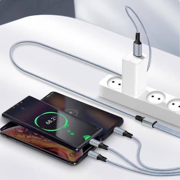 3-i-1 USB-kabel till USB-C Micro-USB och Lightning Quick Charge 2m flätad nylongrå
