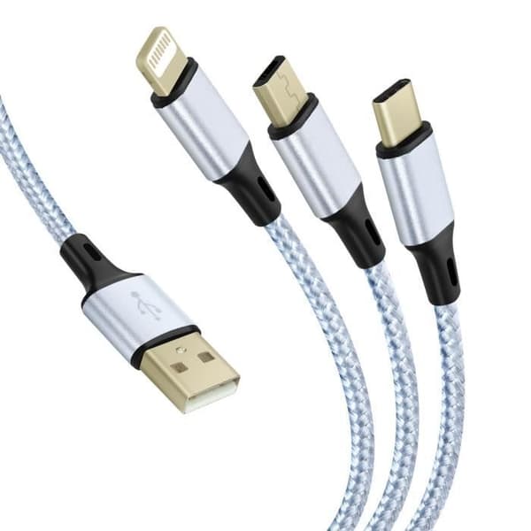 3-i-1 USB-kabel till USB-C Micro-USB och Lightning Quick Charge 2m flätad nylongrå
