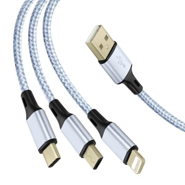 3-i-1 USB-kabel till USB-C Micro-USB och Lightning Quick Charge 2m flätad nylongrå