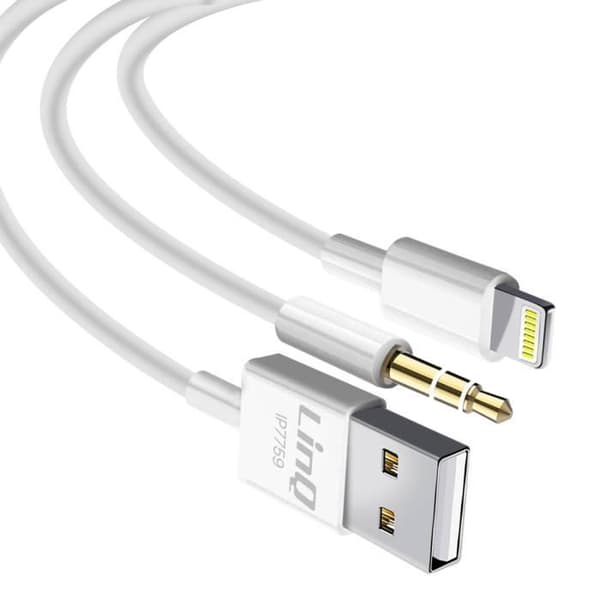 Kabel iPhone 2 i 1 med laddning och ljudlängd 1,2m LinQ Vit