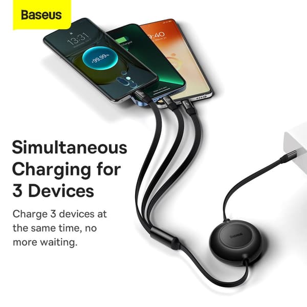 Baseus Bright Mirror 2, 3-i-1 laddkabel, Infällbar, USB-C, Lightning, Micro-USB