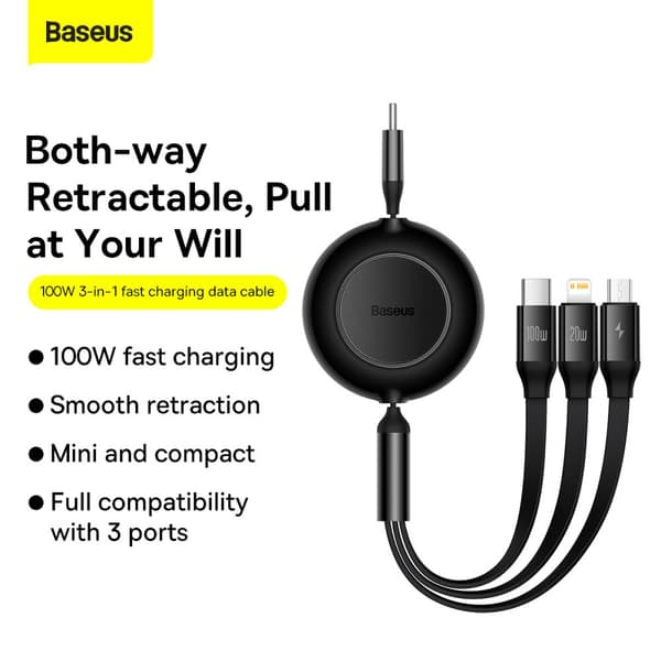 Baseus Bright Mirror 2, 3-i-1 laddkabel, Infällbar, USB-C, Lightning, Micro-USB