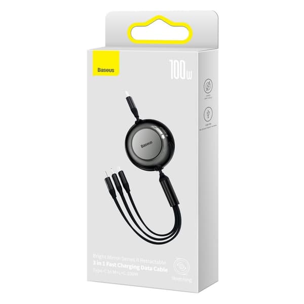 Baseus Bright Mirror 2, 3-i-1 laddkabel, Infällbar, USB-C, Lightning, Micro-USB