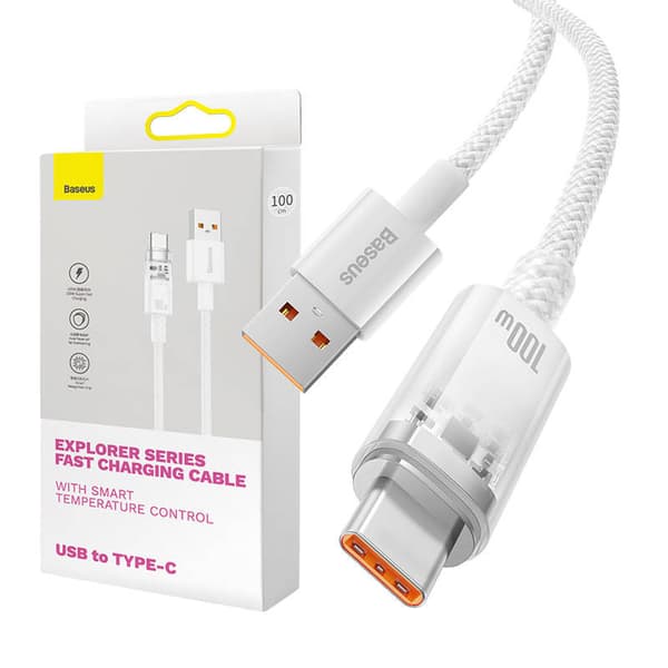 CABLU alimentare si date Baseus Explorer, Fast Charging Data Cable pt. smartphone, USB la USB Type-C 100W, senzor de temperatura, braided, 1m, alb "CA