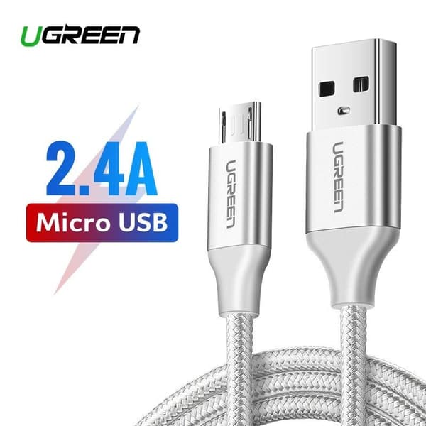 CABLU alimentare si date Ugreen, "US290", Fast Charging Data Cable pt. smartphone, USB la Micro-USB, braided, 2m, alb "60153" (timbru verde 0.08 lei)