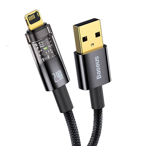CABLU alimentare si date Baseus Explorer, Fast Charging Data Cable pt. smartphone, USB la Lightning 2.4A, 2m, Auto Power-Off, negru transparent "CATS0
