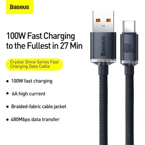 CABLU alimentare si date Baseus Crystal Shine, Fast Charging Data Cable pt. smartphone, USB la USB Type-C 100W, 1.2m, braided, negru "CAJY000401" (tim