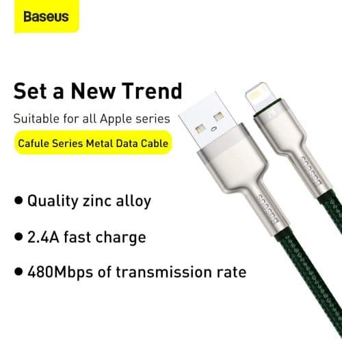 CABLU alimentare si date Baseus Cafule Metal, Fast Charging Data Cable pt. smartphone, USB la Lightning Iphone 2.4A, braided, 2m, verde "CALJK-B06" (t