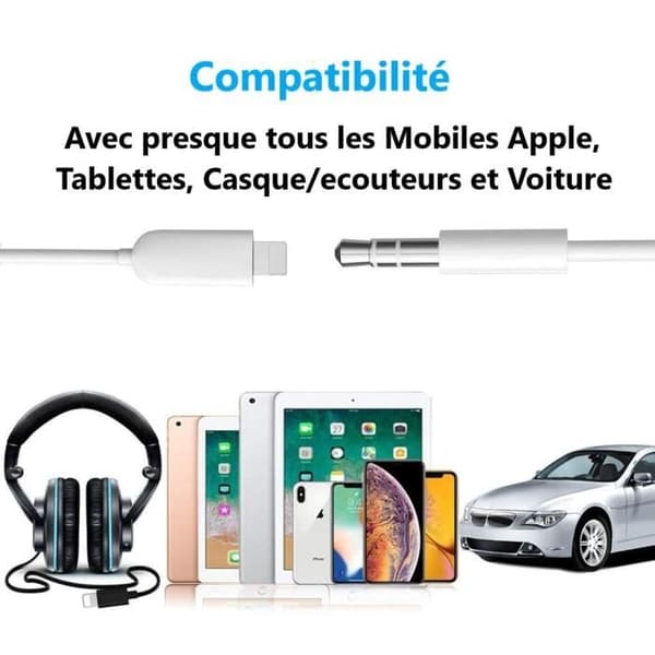 Lightning till 3,5 mm jack-adapterkabel för Apple iPhone 5C Plug and Play-kabel för dina hörlurar, bilradio...