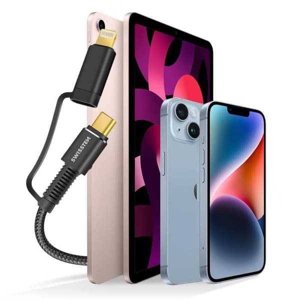 USB + USB-C-kabel - SWISSTEN - Aramidgrå - 60W - 1,5 m - iPhone/iPad-kompatibel