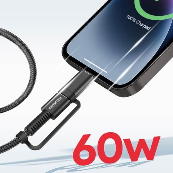 USB + USB-C-kabel - SWISSTEN - Aramidgrå - 60W - 1,5 m - iPhone/iPad-kompatibel