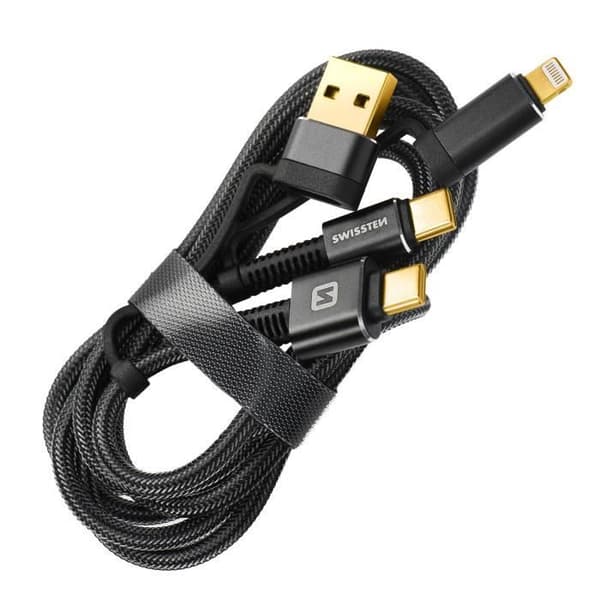 USB + USB-C-kabel - SWISSTEN - Aramidgrå - 60W - 1,5 m - iPhone/iPad-kompatibel