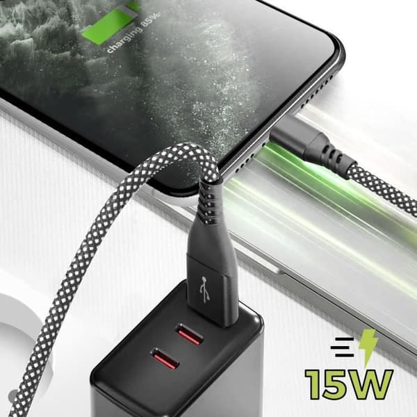 Laddkabel - MOXIE - Svart flätad nylon - 2m - USB till Lightning - Kompatibel iPhone 14/13/12/11/X