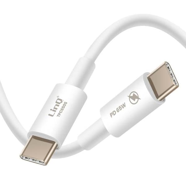 USB C-kabel 65W Strömförsörjning Laddning och dataöverföring 1,8m LinQ Vit