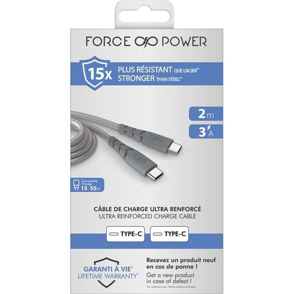 Ultraförstärkt USB C/USB C-kabel 2m 3A Livstidsgaranti Grå - 100 % återvunnen plast Force Power