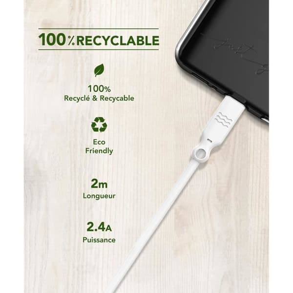 Kabel 100 % återvinningsbar USB C/Lightning 2 m 3A Vit Just Green